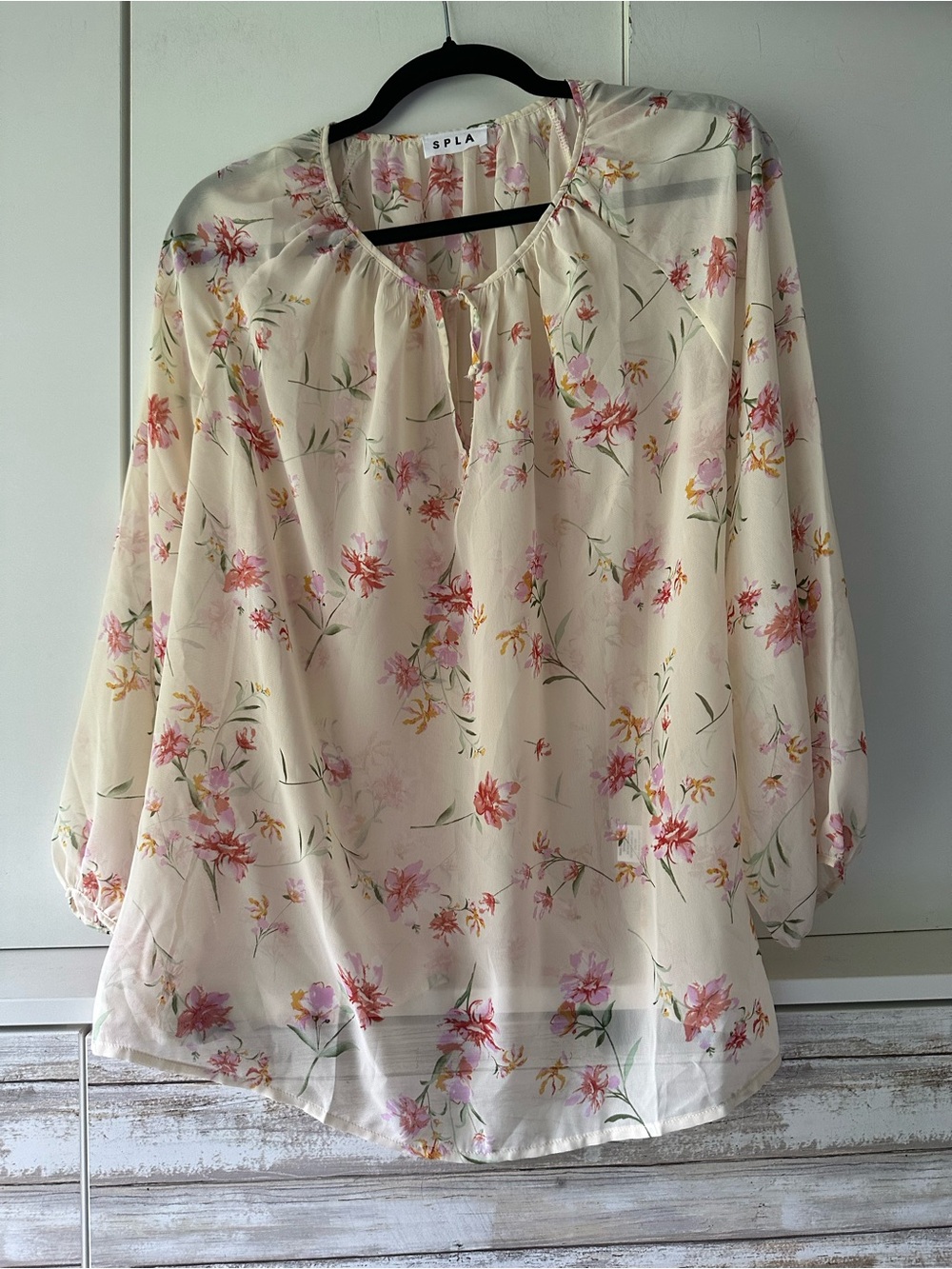 🌸 SPLA Floral Peasant Blouse Sheer Long Balloon Sleeve Keyhole Top Small